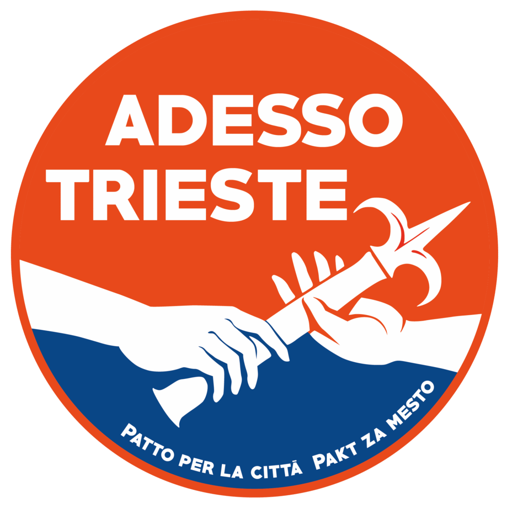 Logo civico Adesso Trieste con mano e fiaccola, patto per la città.