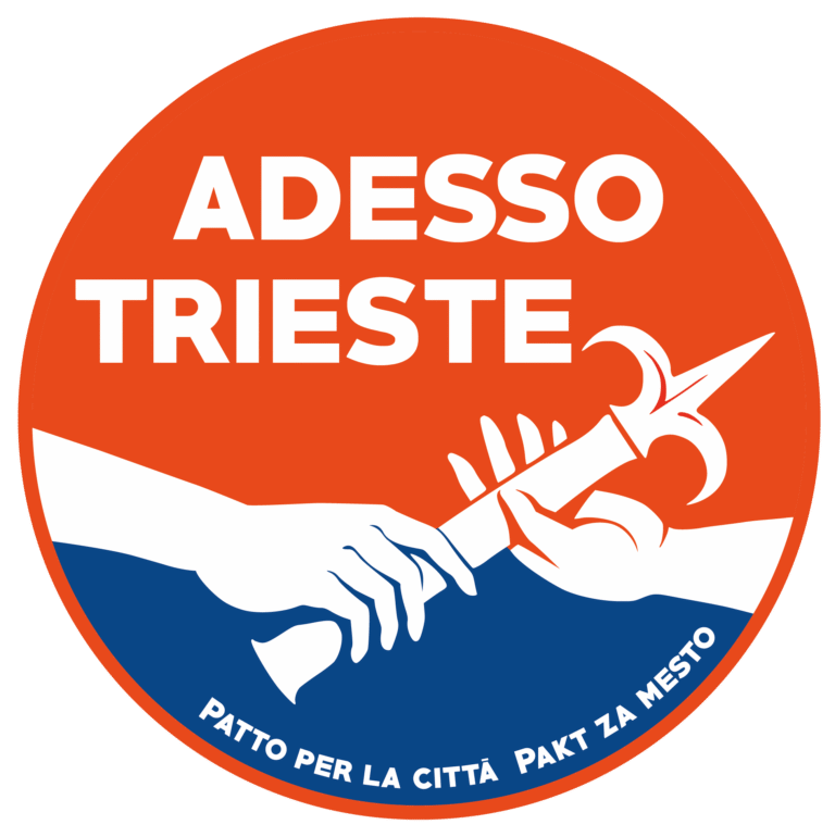 Logo civico Adesso Trieste con mano e fiaccola, patto per la città.