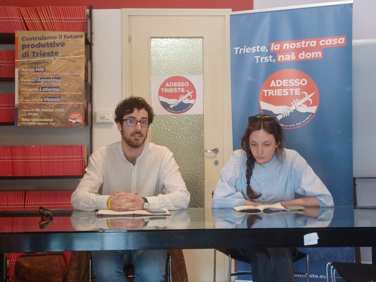 Conferenza di Adesso Trieste sul lavoro locale con due relatori e banner informativi