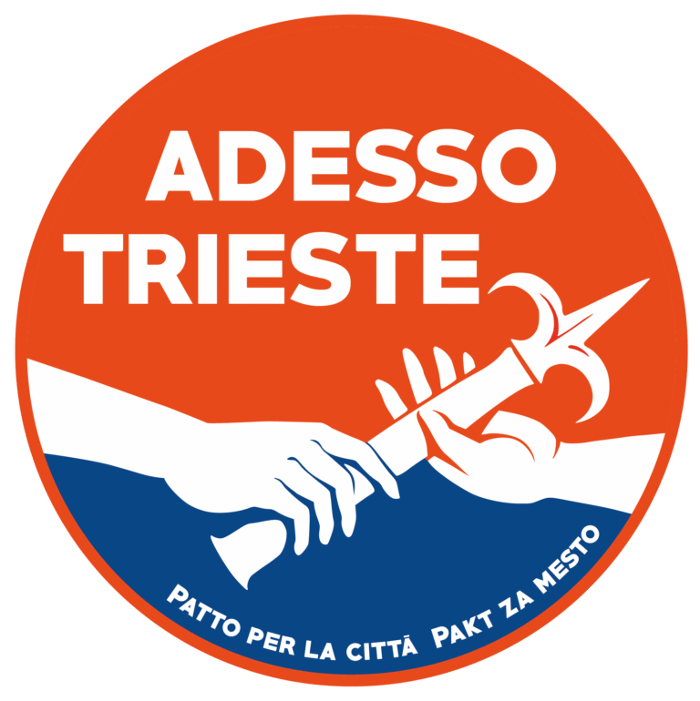 Logo politico circolare Adesso Trieste con mano, fiamma e slogan Patto per la città.