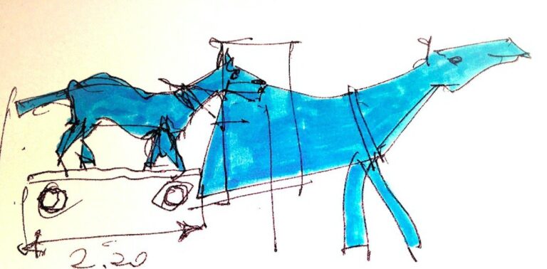 Schizzo blu di animale stilizzato con cavallo su piattaforma e misure.