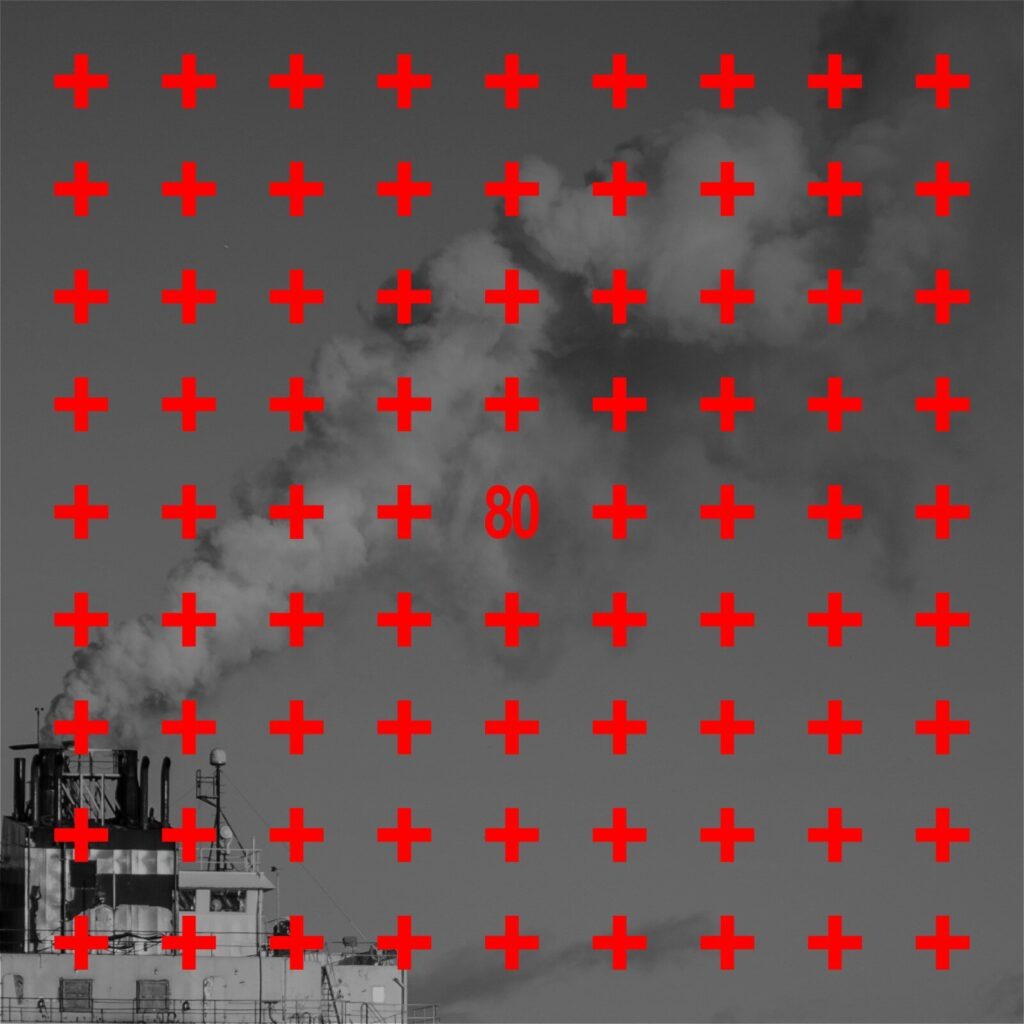 Griglia di calibrazione grigia con croci rosse, numero 80 e chart di test.