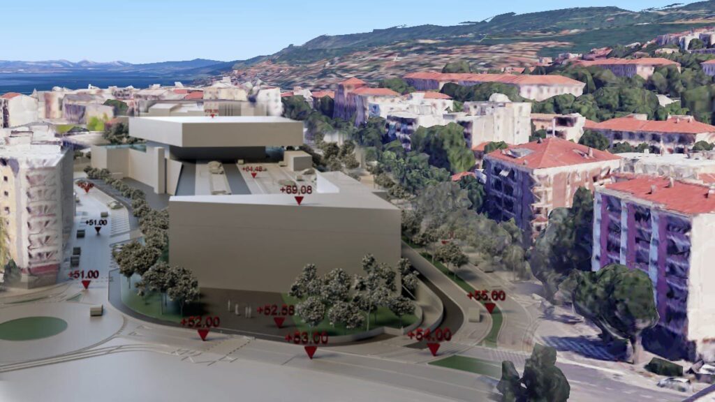 Rendering di rigenerazione urbana costiera con edificio moderno, spazi verdi e vista mare