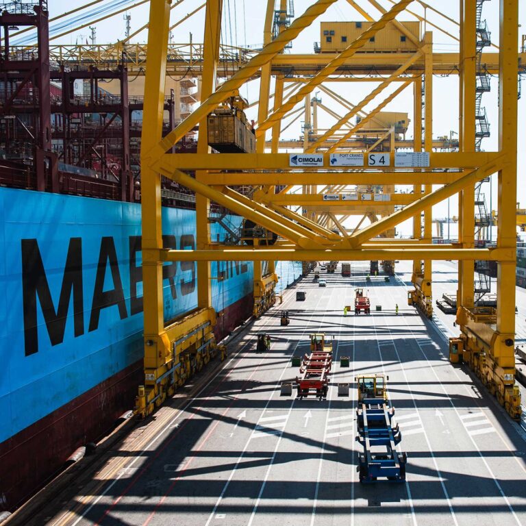 Porto container di Trieste con gru gantry gialla e nave portacontainer azzurra.