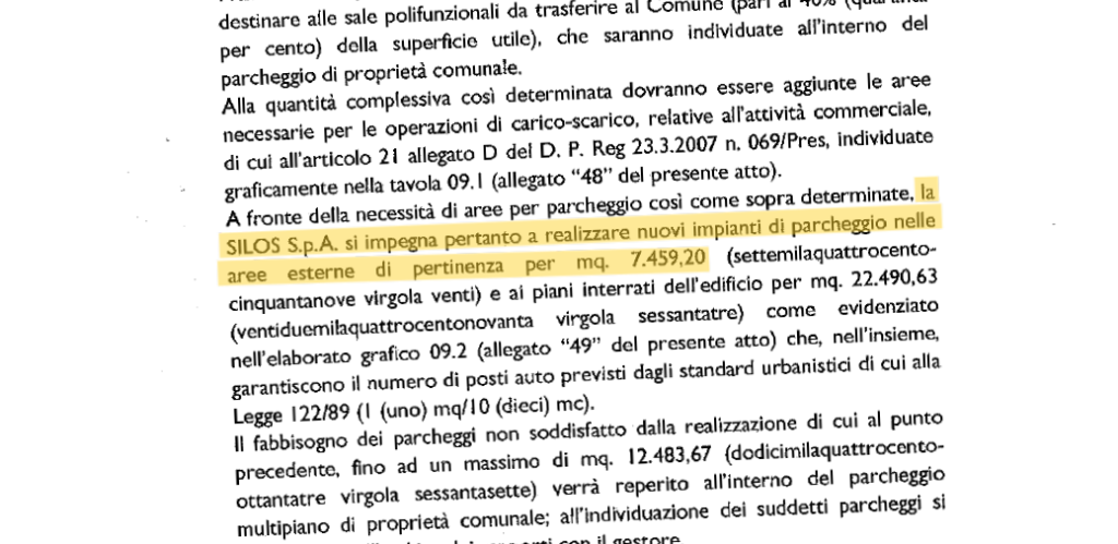 Documento Ex Silos evidenziato su fondi pubblici, parcheggi e area privata