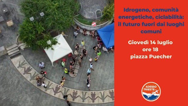 Locandina evento a piazza Puecher su idrogeno, ciclabilità e comunità energetiche.