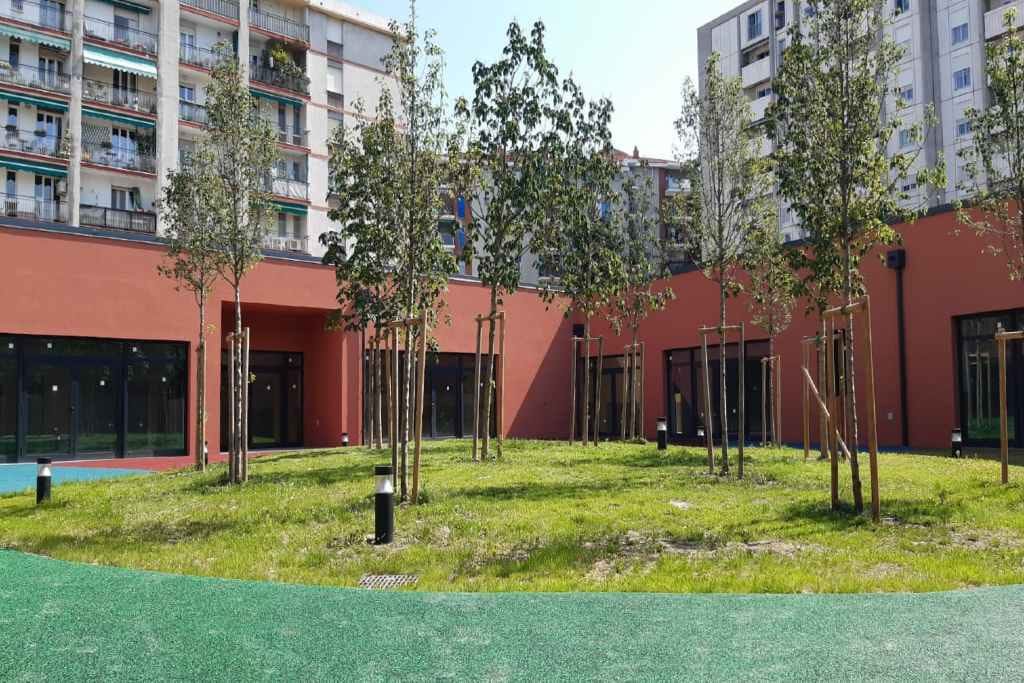 Cortile condominiale moderno con prato, giovani alberi e palazzi residenziali soleggiati.