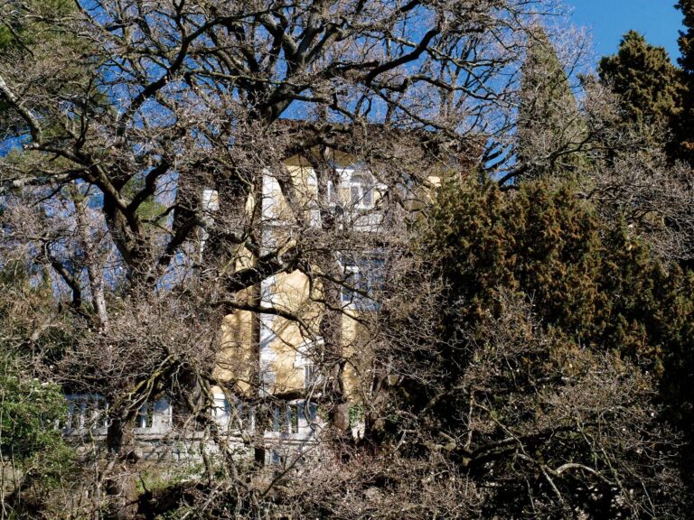 Villa antica crema nascosta tra alberi spogli e arbusti in un giardino assolato.