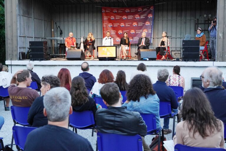 Concerto dal vivo all’aperto con band su palco coperto e pubblico seduto.