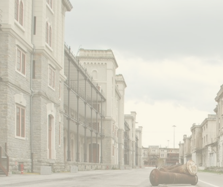 Strada europea nebbiosa con roadster d’epoca tra palazzi storici.