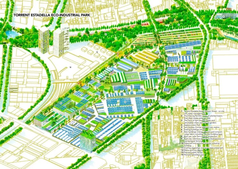 Masterplan eco-industriale Torrent Estadilla con lotti, strade interne e fasce verdi.