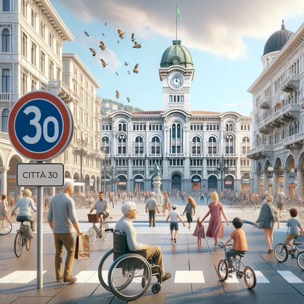 Piazza europea Città 30 con pedoni, ciclisti e accessibilità urbana sicura.