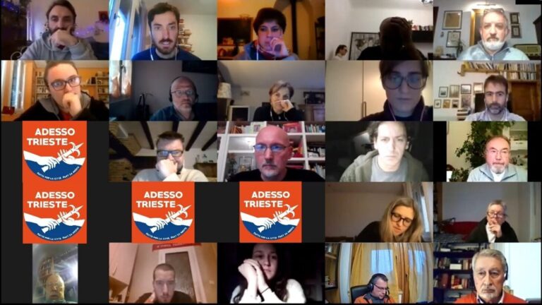 Videoconferenza online in griglia con partecipanti e loghi rossi Adesso Trieste X.