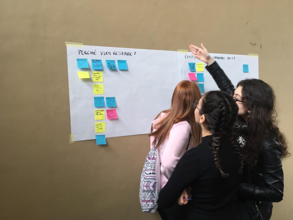 Workshop collaborativo con post-it colorati su planning board, brainstorming di gruppo.
